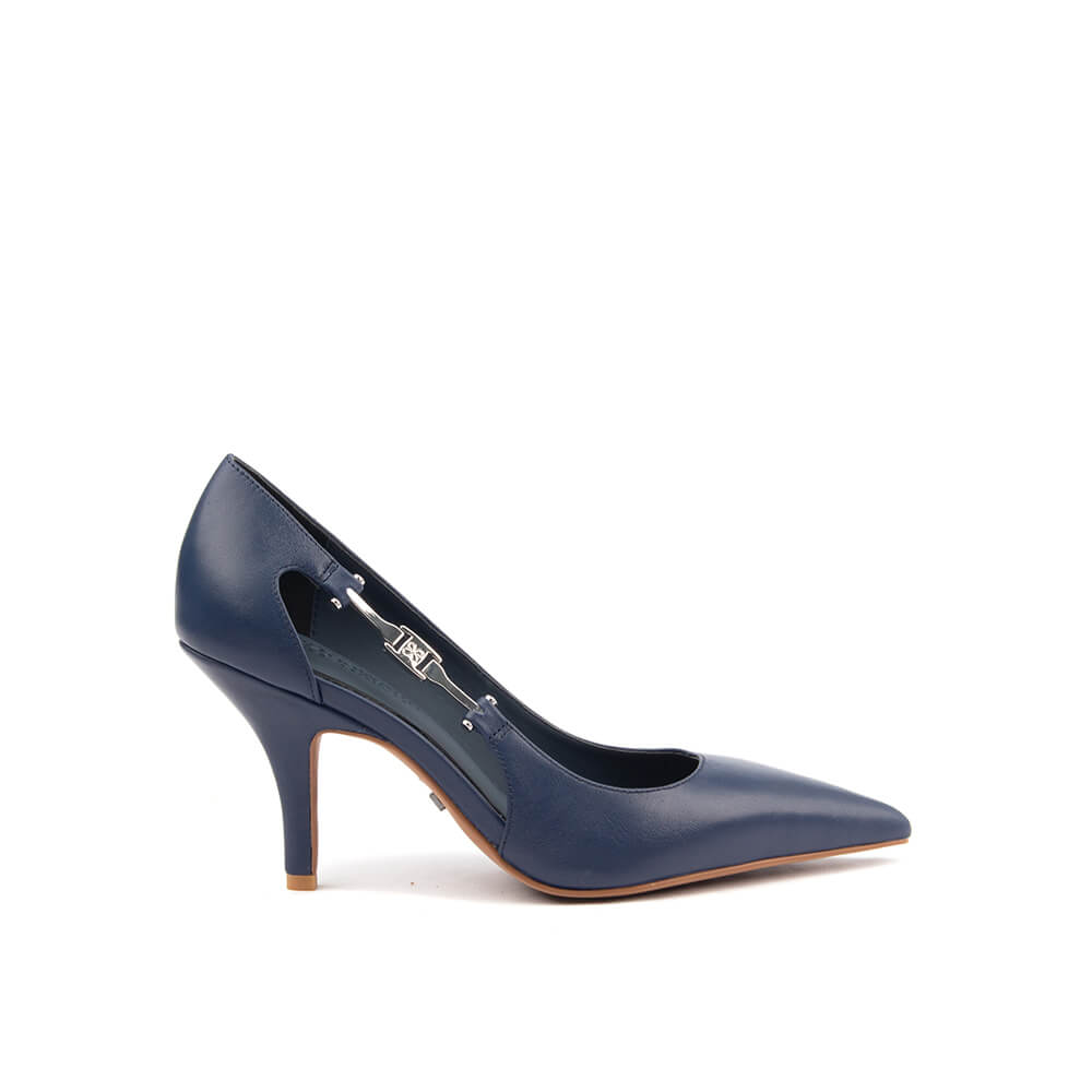 Women's midnight navy leather pointed-toe stiletto pumps with silver hardware