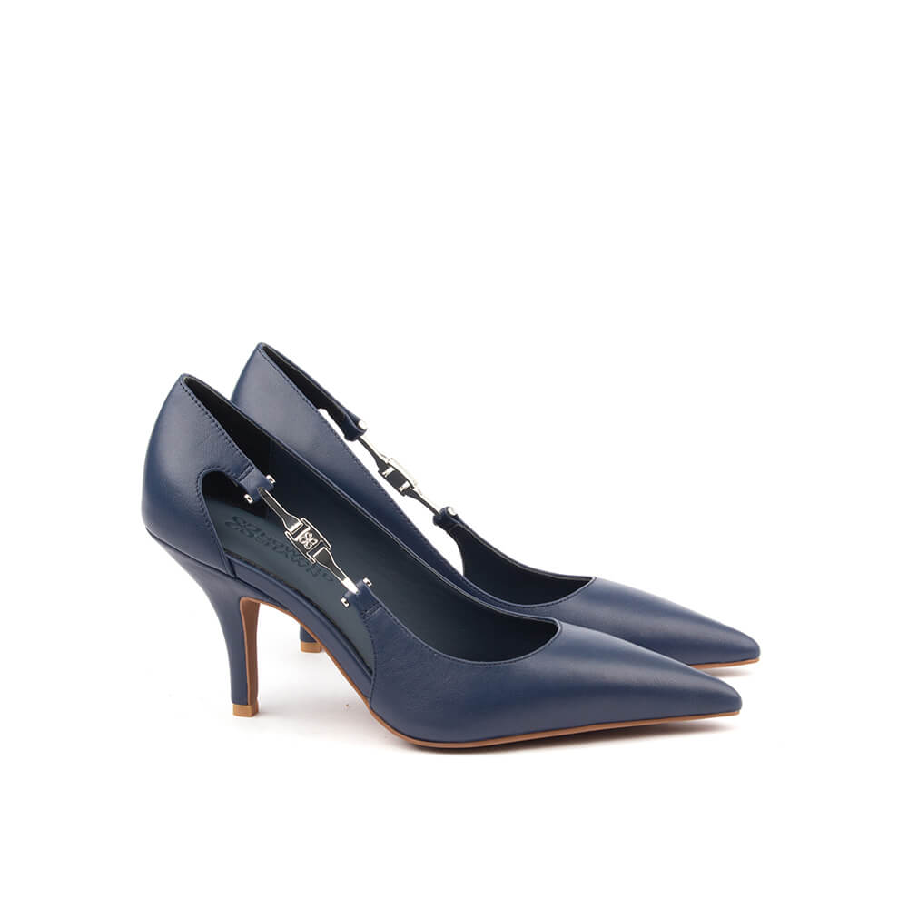 Deep ink blue leather heels with decorative silver strap detail for women