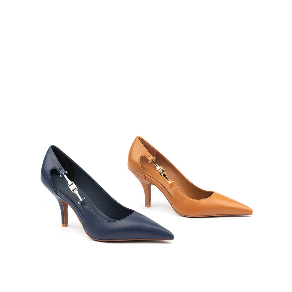 Women's sophisticated midnight blue court heels with silver accent strap