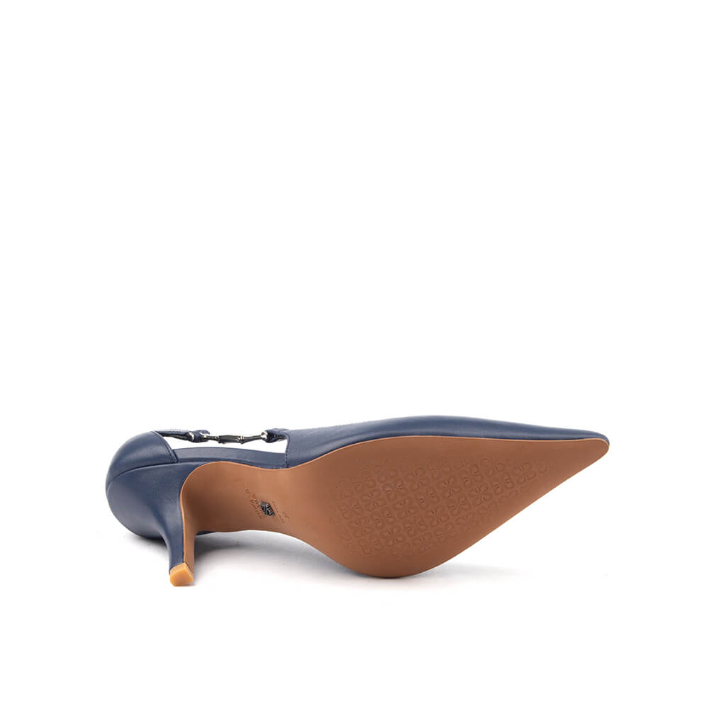 Women's navy pointed-toe pumps with silver logo strap and cutout detail