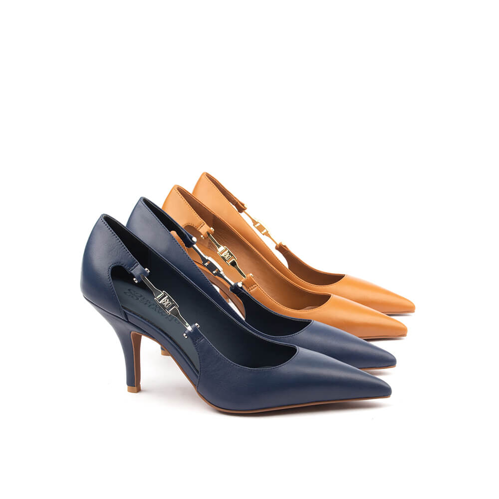 Slate blue leather stiletto heels with decorative silver hardware women