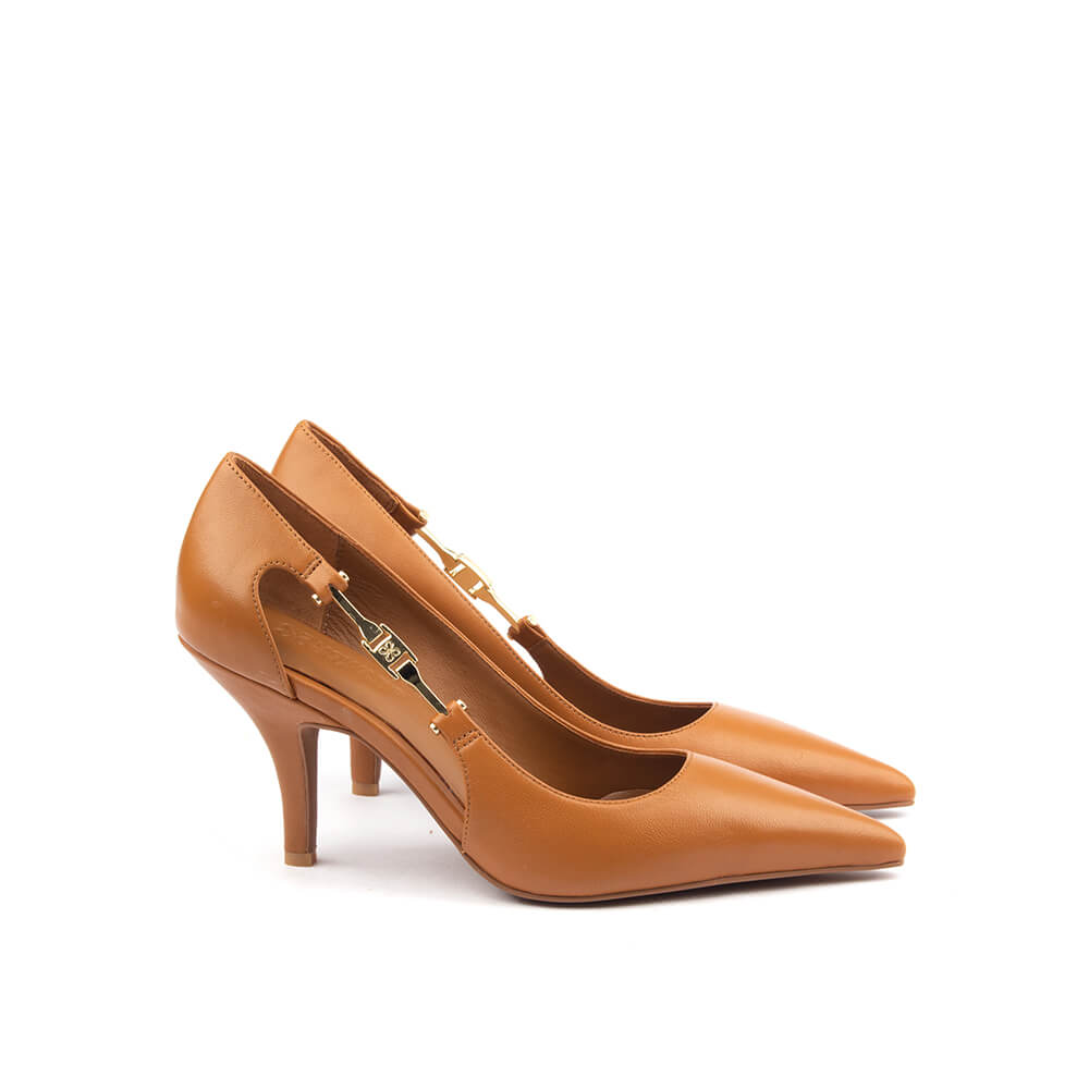 Warm biscuit leather heels with decorative gold strap detail for women