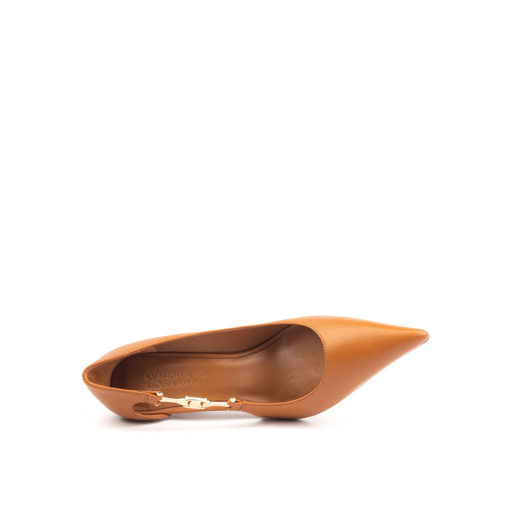Women's classic pointed-toe heels in camel leather with gold accent strap