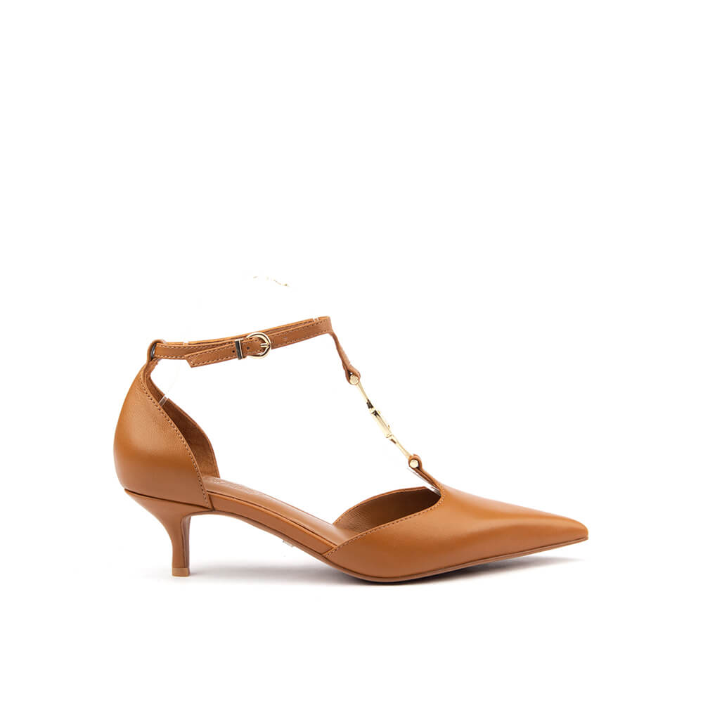 Women's camel tan leather T-bar kitten heel pumps with gold chain hardware