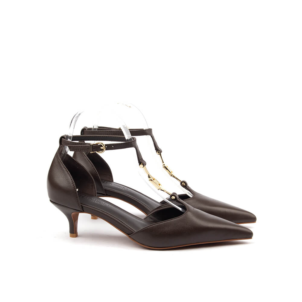 Dark truffle leather pointed-toe kitten heels with gold chain T-strap women