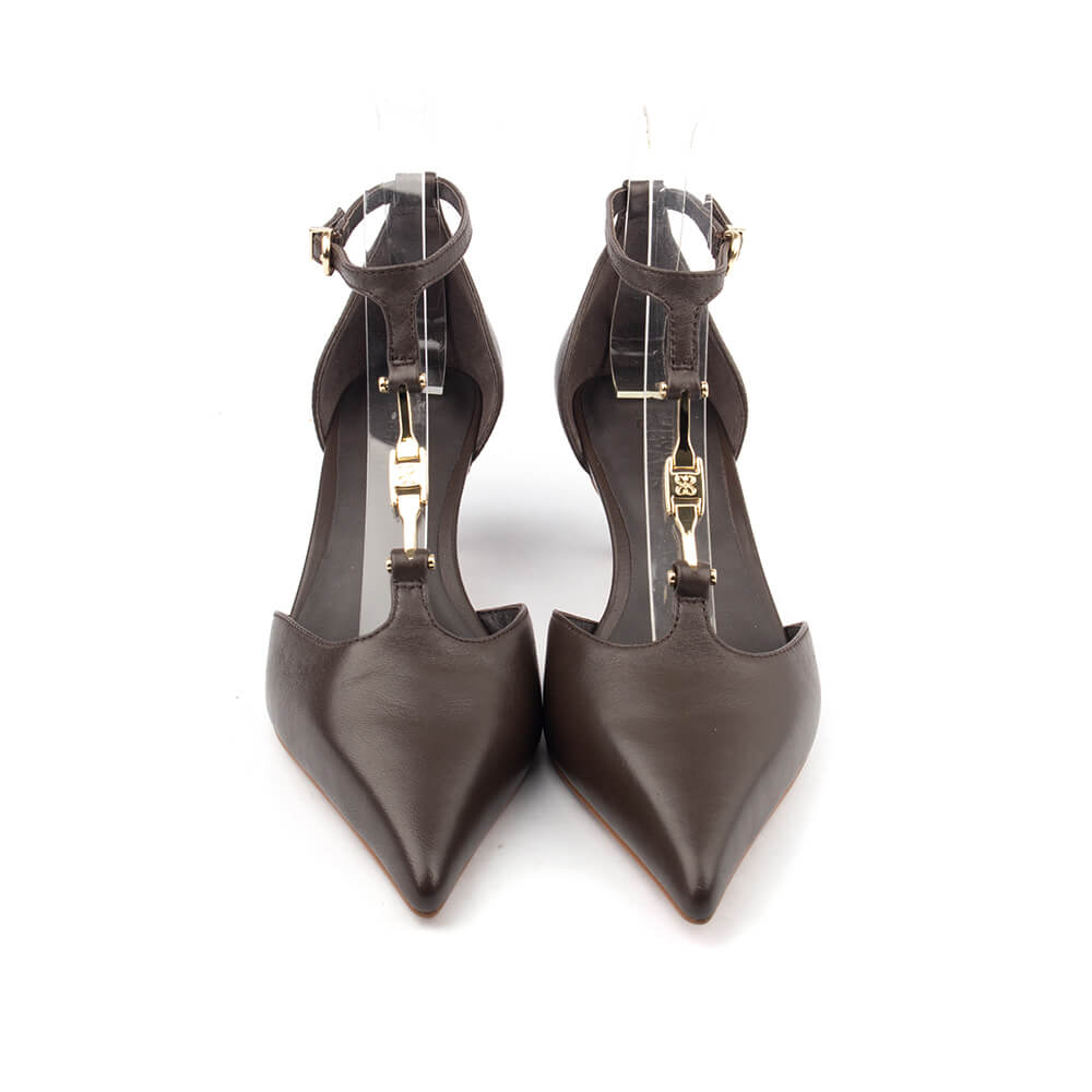 Women's T-bar cutout pumps in espresso brown leather with gold chain detail