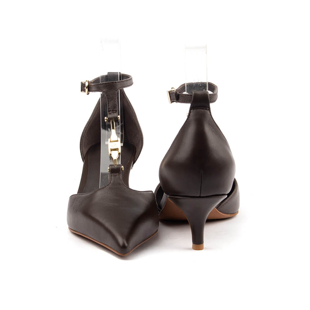 Dark chocolate leather kitten heel shoes with gold hardware T-strap for women