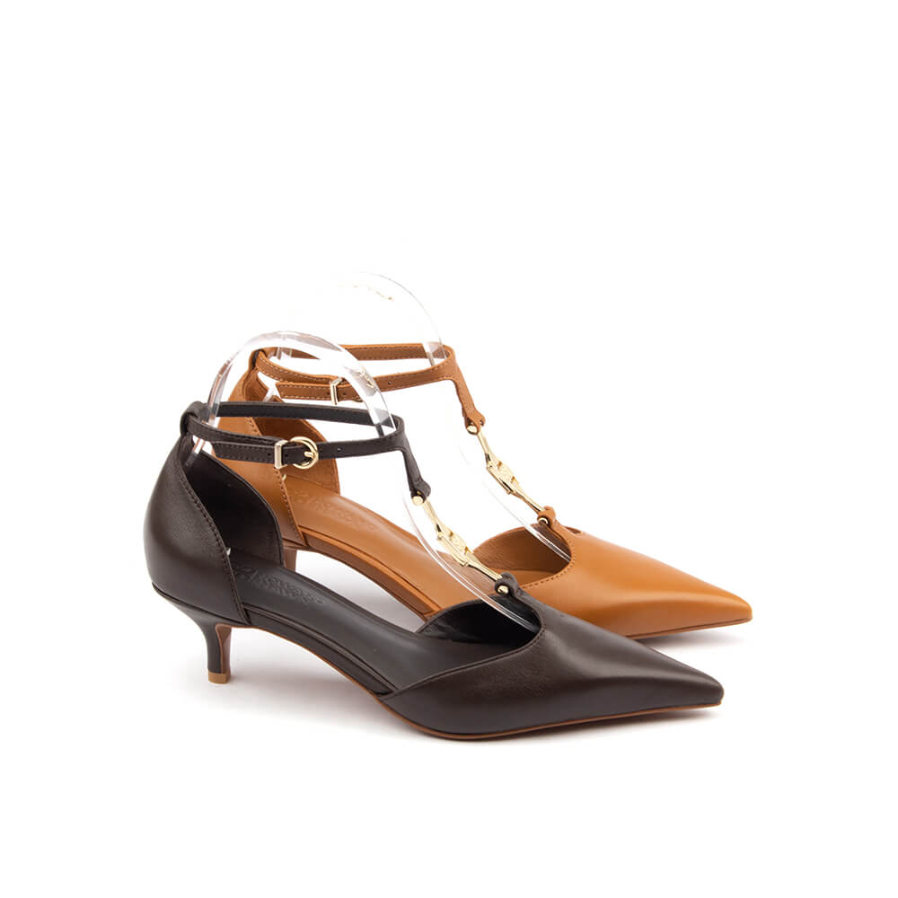 Deep brown leather T-bar kitten heels with cutout sides and gold chain accent