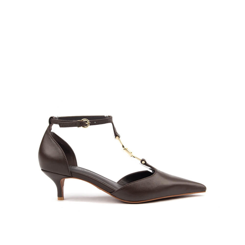Women's deep chocolate leather T-bar kitten heel pumps with gold chain hardware