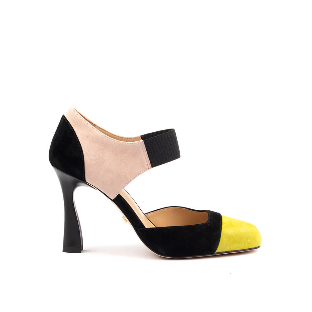 Women's colour-block suede pumps in black blush and citrus yellow with sculptural heel