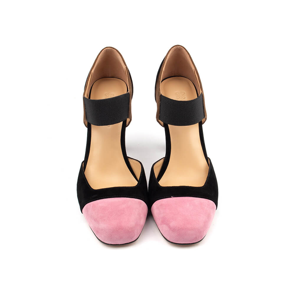 Women's artistic suede pumps black and pink with grosgrain elastic strap flared heel