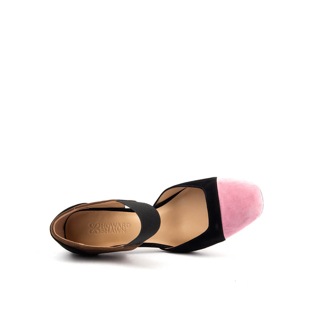 Women's bold statement heels black suede pink toe chocolate insert elastic strap