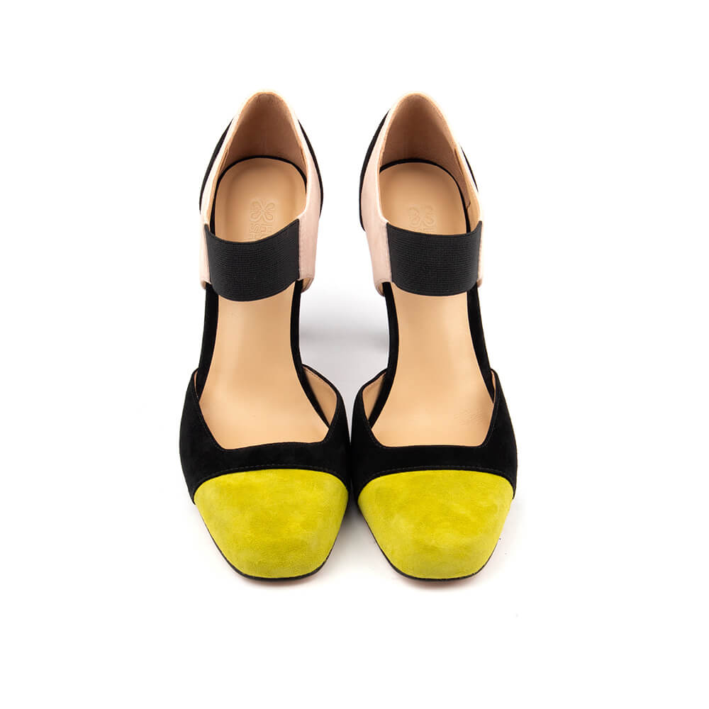 Women's artistic suede pumps black and yellow with grosgrain elastic strap flared heel