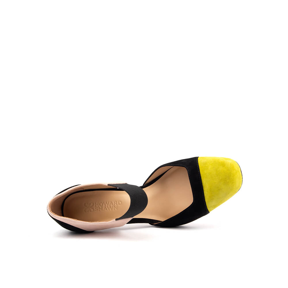 Women's bold statement heels black suede yellow toe blush insert elastic strap