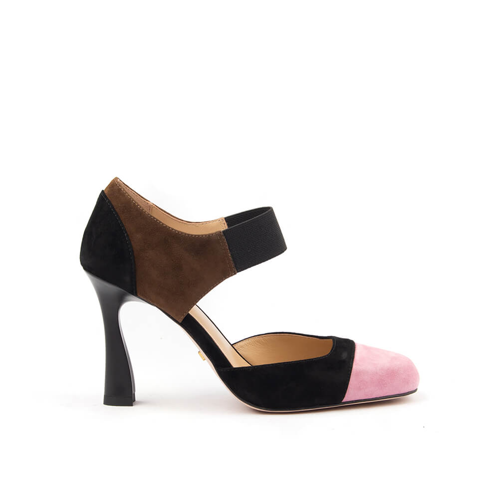 Women's colour-block suede pumps in black chocolate and bubblegum pink sculptural heel