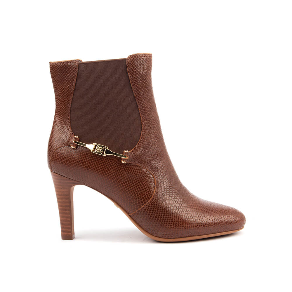 Women's cognac snake-embossed leather Chelsea ankle boots with gold hardware buckle