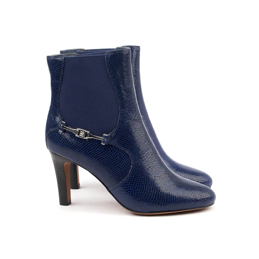 Ink blue reptile texture leather ankle boots with silver bar buckle and high heel women