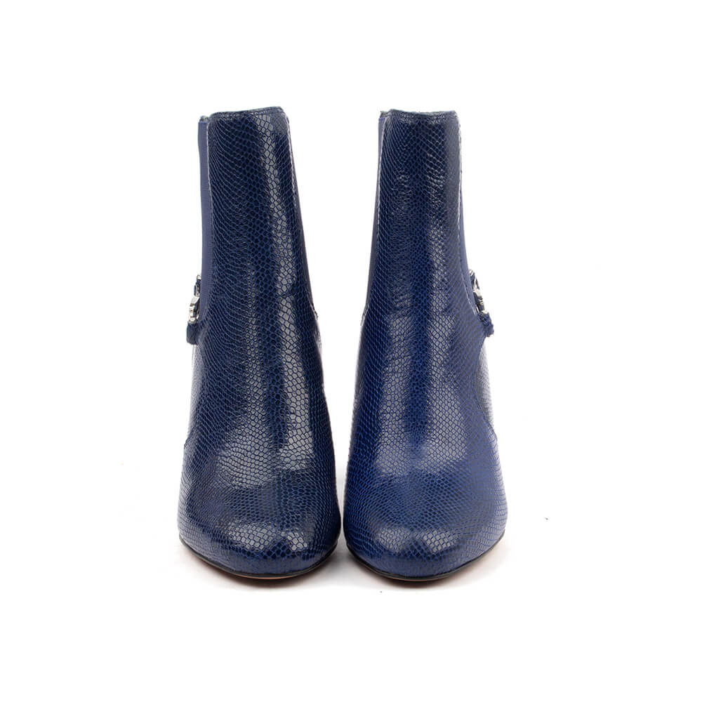 Women's snake-print Chelsea boots in deep navy gloss with silver logo hardware