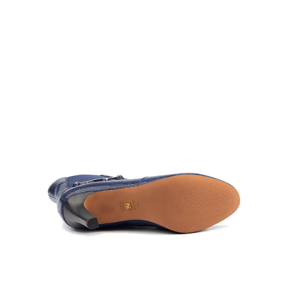 Women's luxury reptile-texture boots in sapphire navy with silver hardware accent