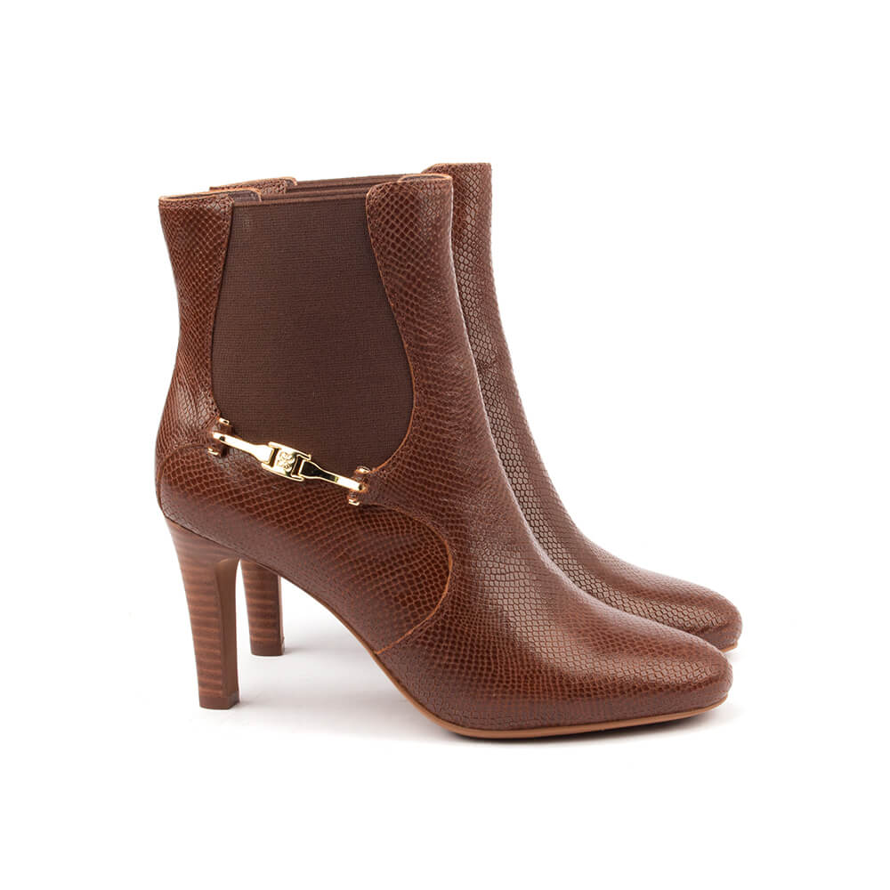 Tobacco reptile texture leather ankle boots with gold bar buckle and high heel women