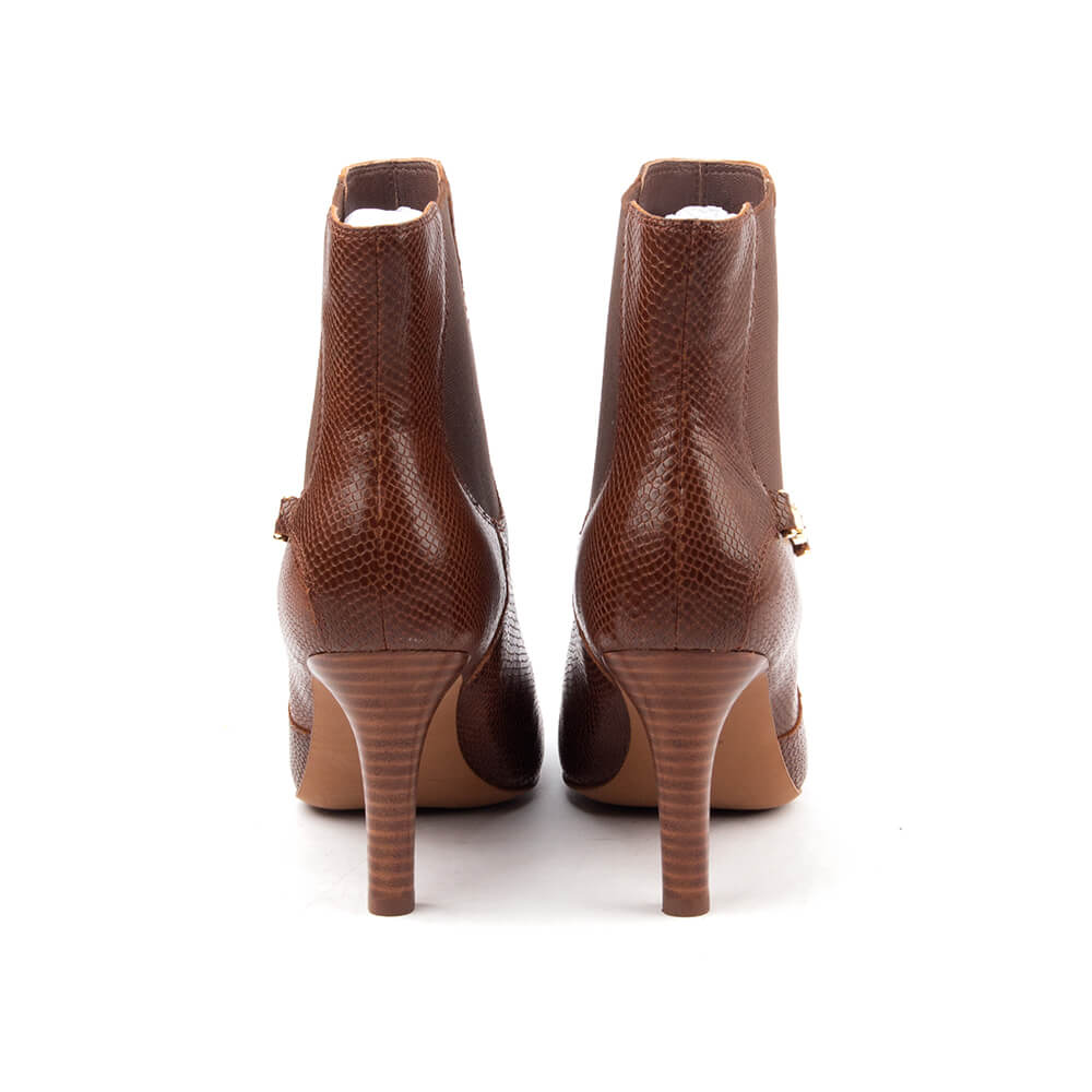 Cognac embossed leather ankle boots with elastic gusset and gold buckle women