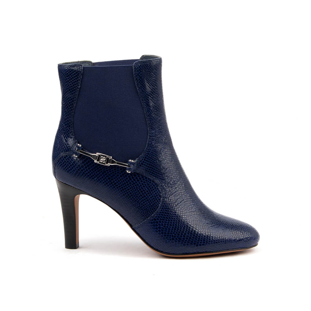 Women's midnight navy snake-embossed leather Chelsea ankle boots with silver hardware