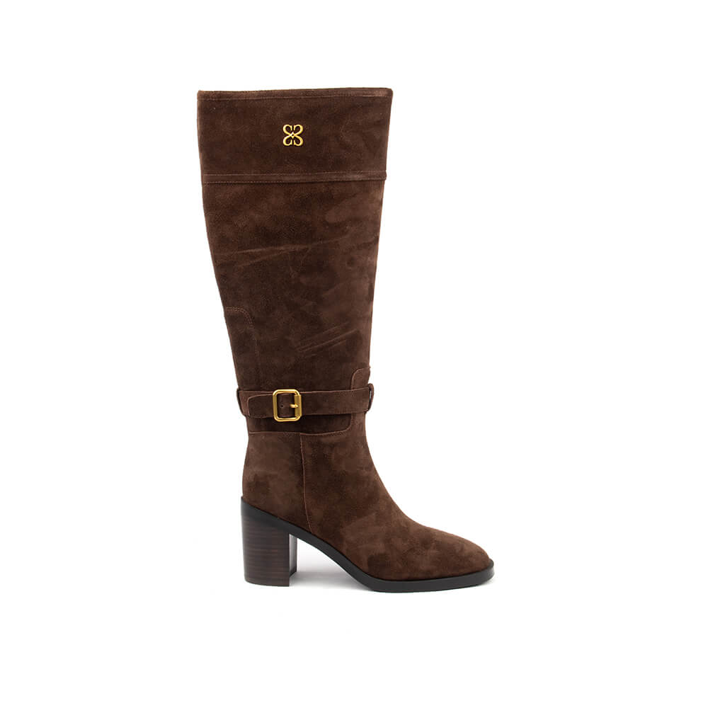 Women's deep chocolate suede knee-high riding boots with gold buckle strap and block heel