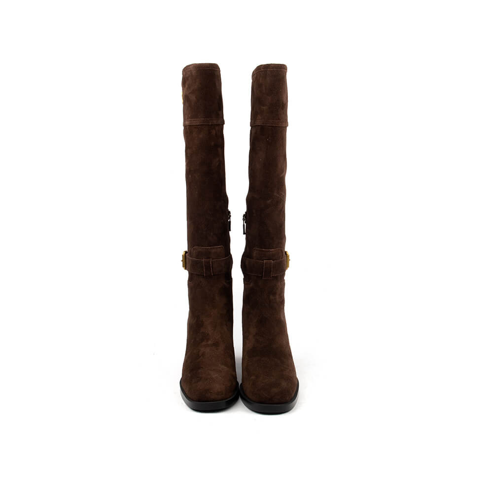 Dark truffle suede tall boots with gold floral logo ankle buckle and stacked heel women
