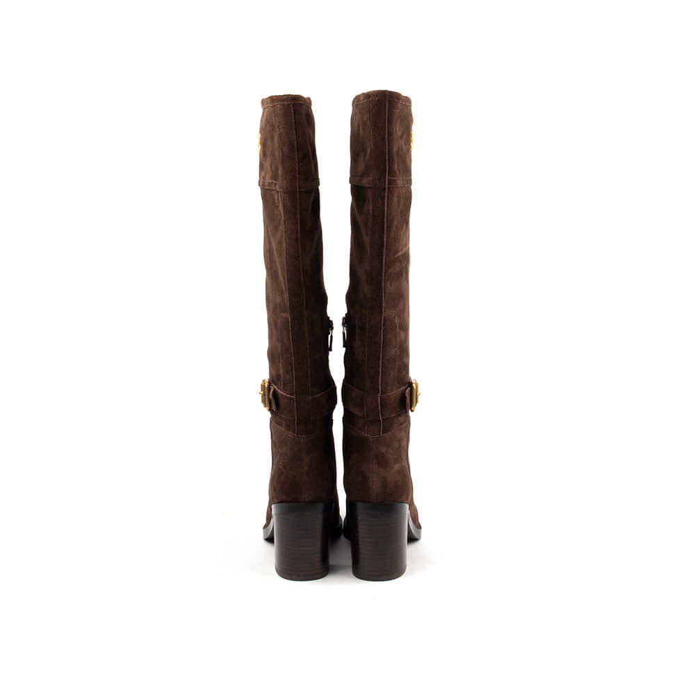 Women's luxury knee-high suede boots in espresso brown with gold buckle and logo detail