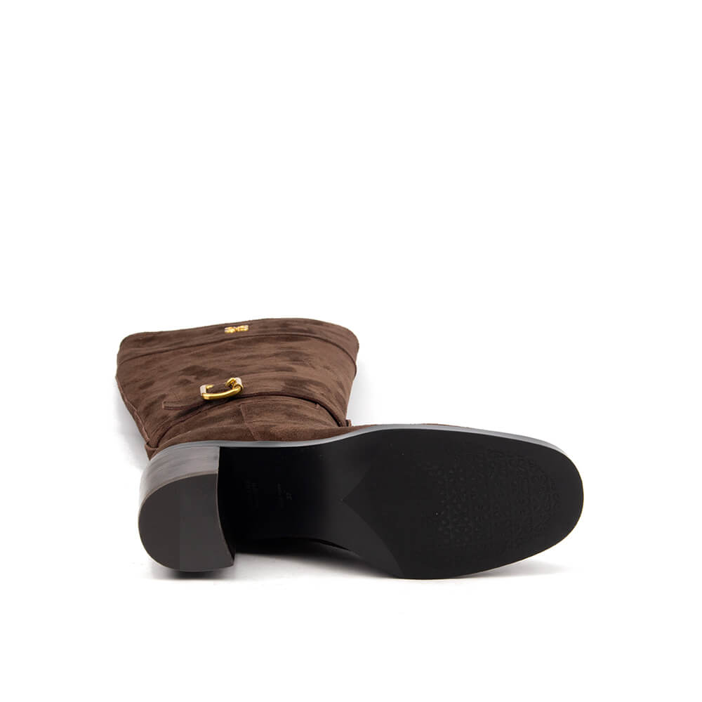 Women's equestrian knee boots in deep chocolate suede with block heel and gold buckle