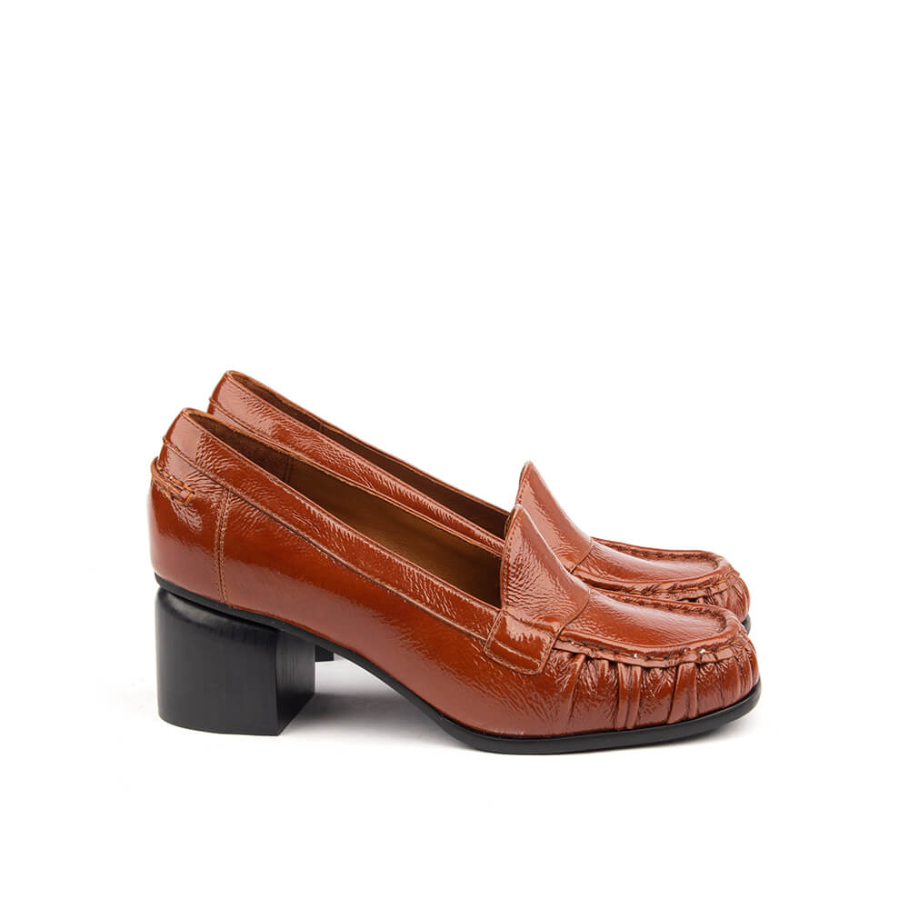 Amber gloss patent leather loafers with gathered toe detail and stacked block heel women