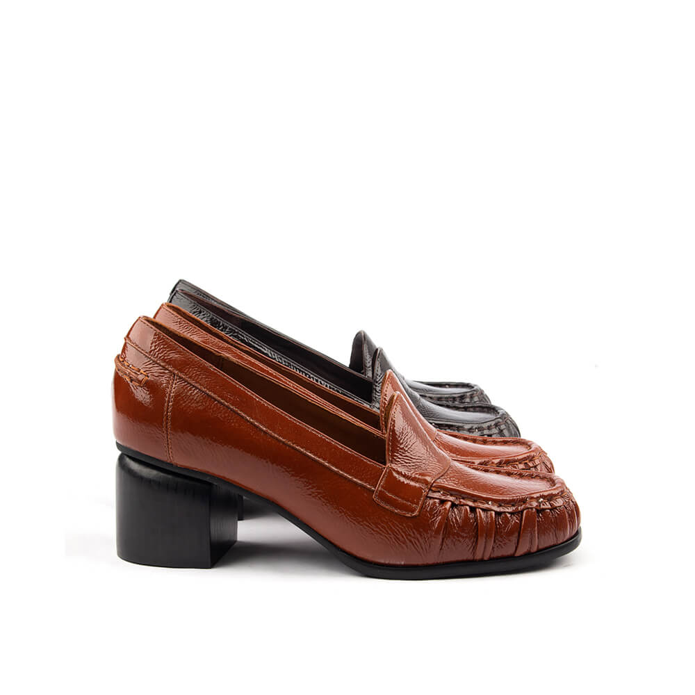 Burnt caramel patent leather slip-on loafers with block heel for women