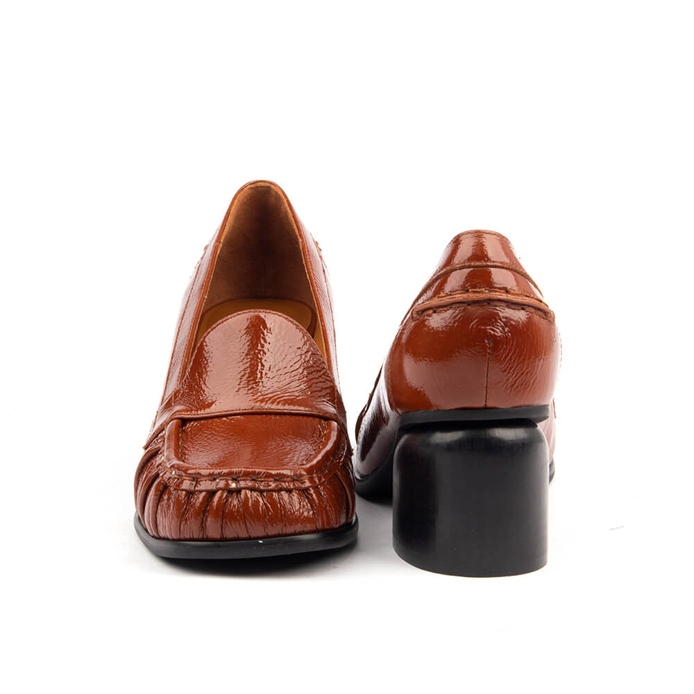 Women's retro-luxe cognac patent loafers with gathered saddle strap block heel