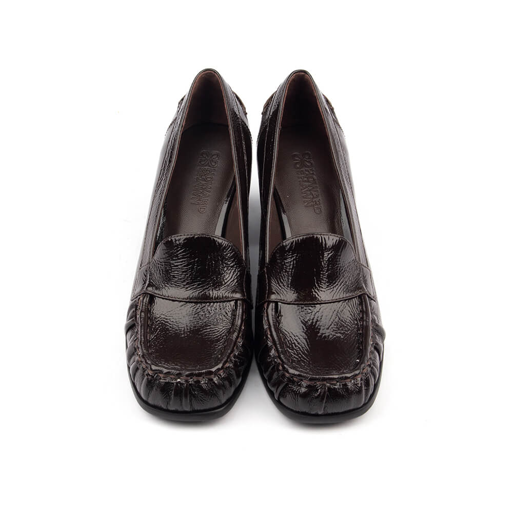 Dark cherry patent leather loafers with gathered toe detail and stacked block heel women