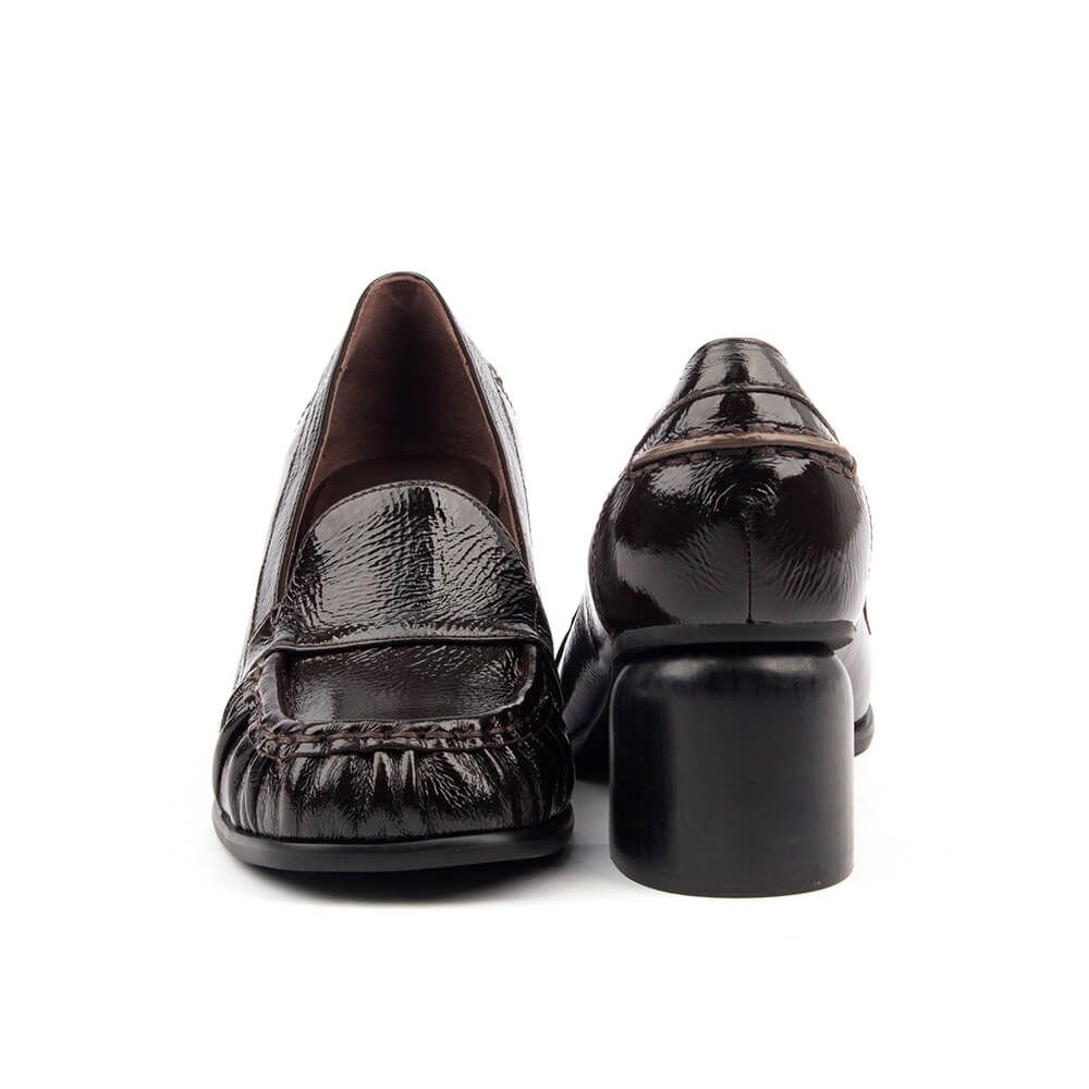 Women's oxblood gloss loafers with ruched moccasin trim and chunky block heel