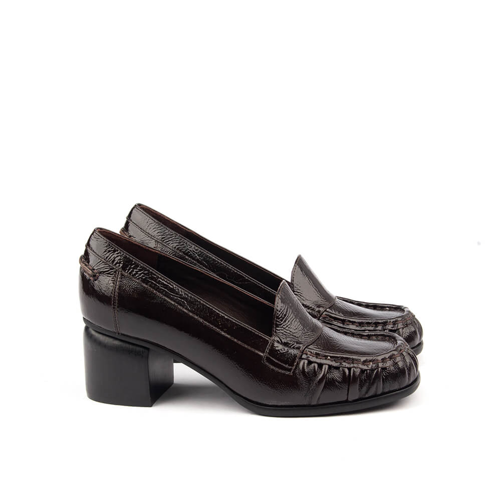 Deep bordeaux patent leather slip-on loafers with block heel for women