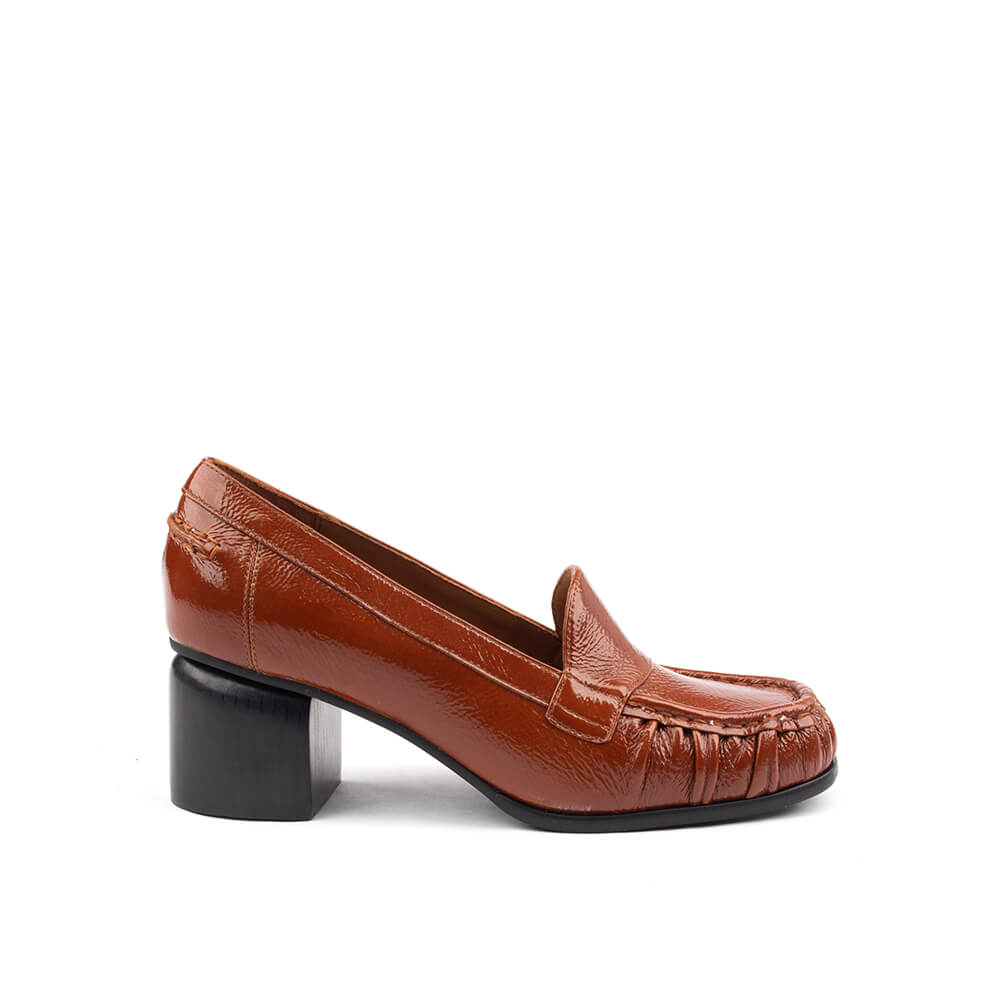 Women's cognac crinkled patent leather block heel loafers with ruched moccasin toe