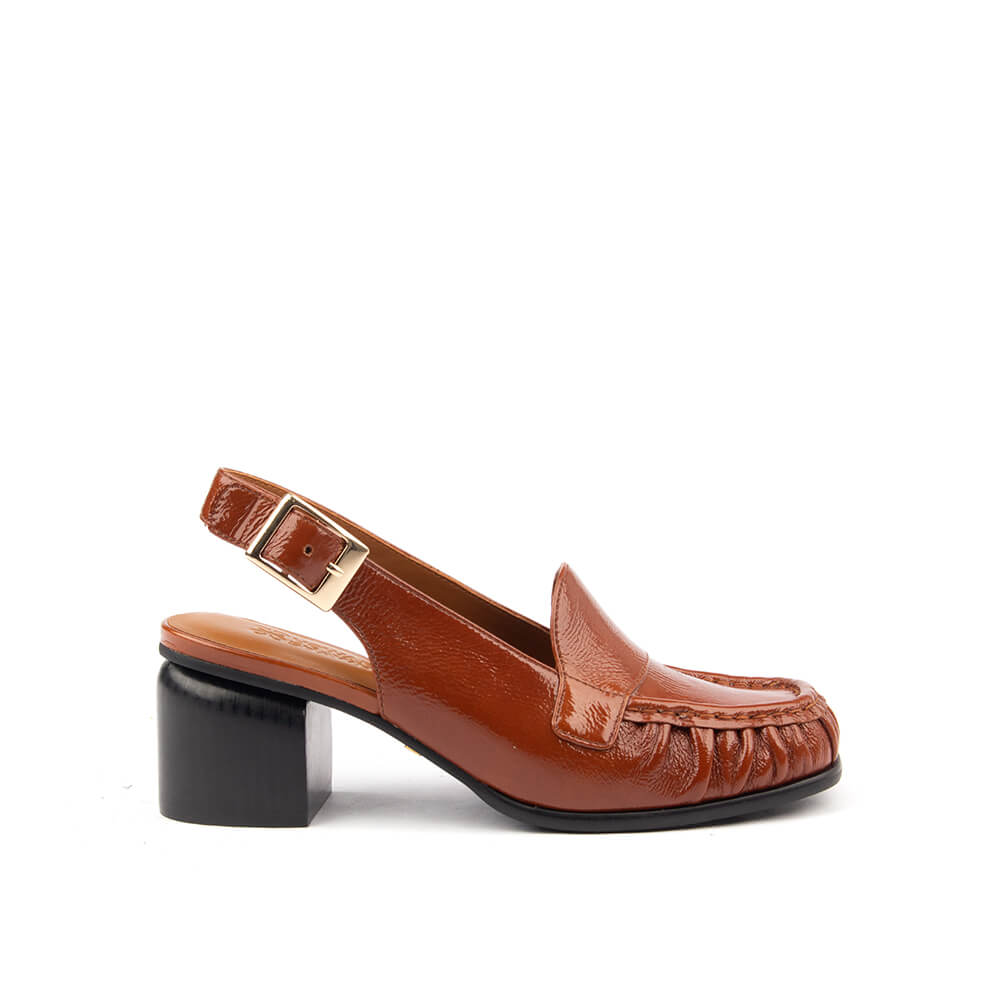 Women's cognac crinkled patent leather slingback loafer heels with gold buckle