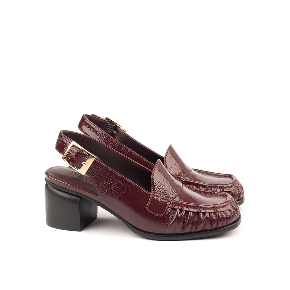 Women's bordeaux crinkled patent leather slingback loafer heels with gold buckle