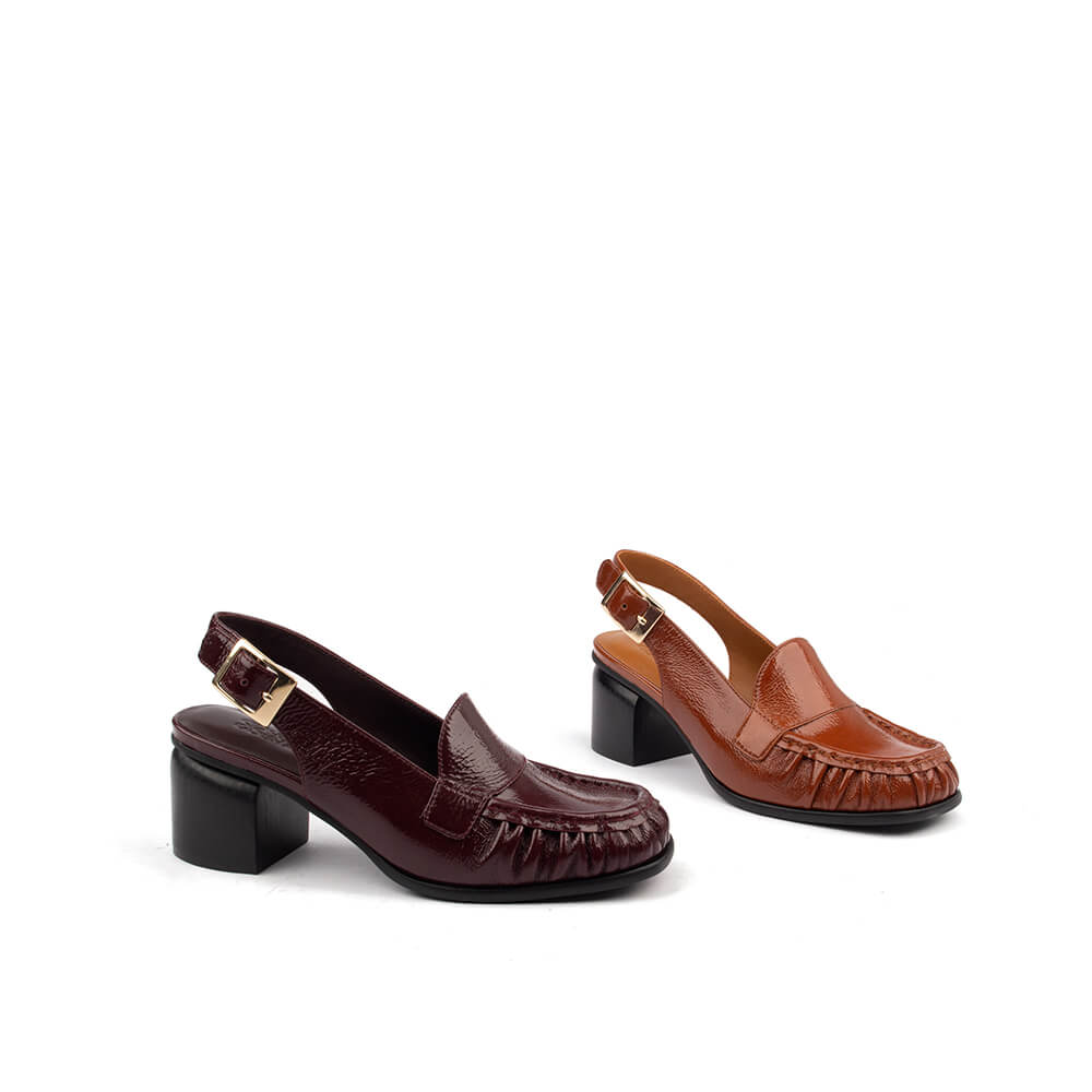 Women's retro-chic deep plum patent loafer heels with adjustable gold slingback