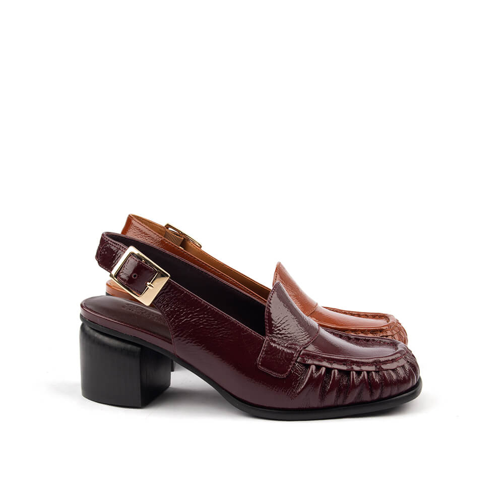 Burgundy gloss slingback loafers with gathered moccasin toe women's block heel