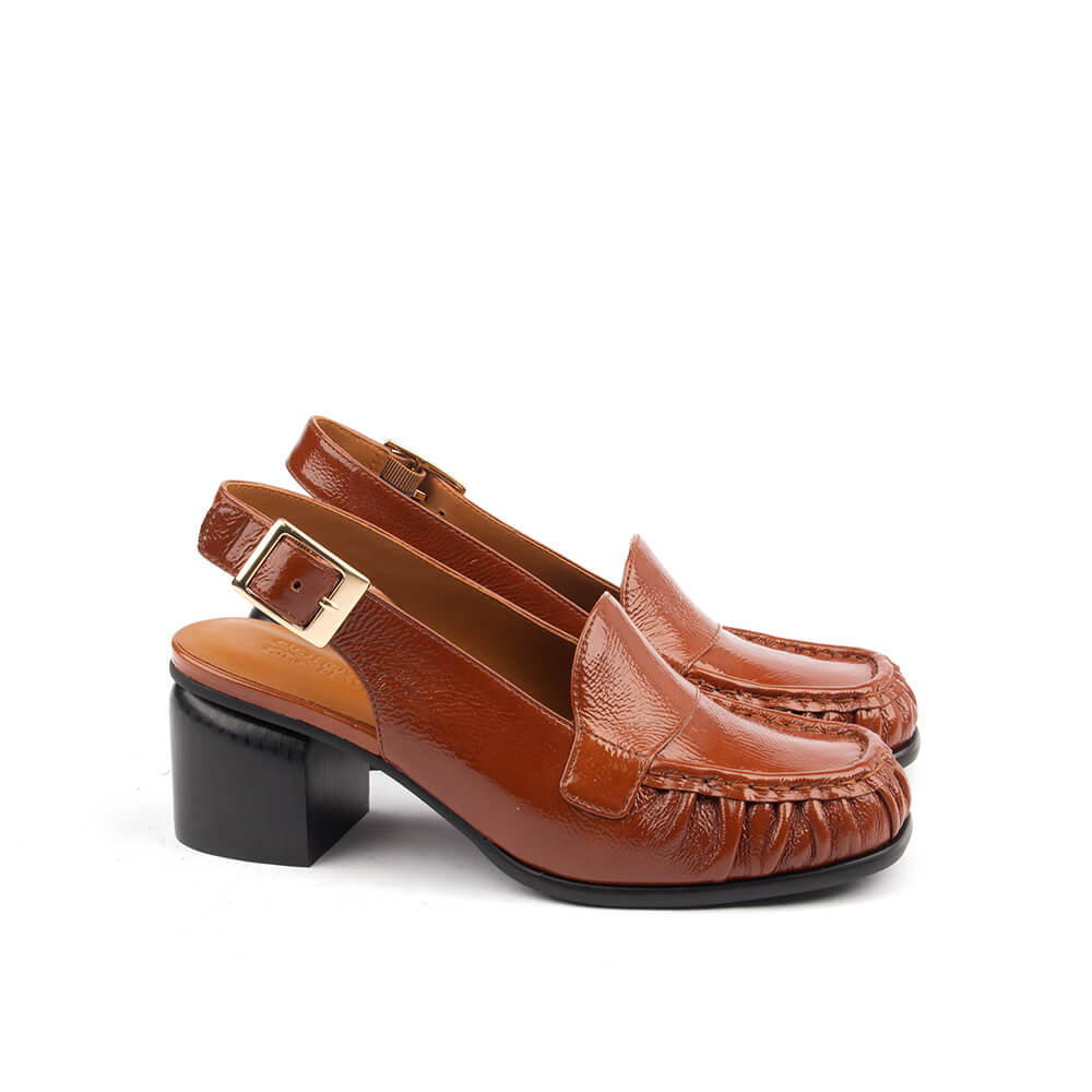 Amber gloss patent slingback loafers with ruched moccasin toe and block heel women