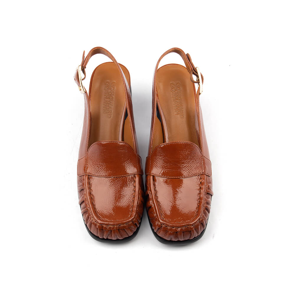 Women's toffee patent leather open-back loafer heels with gold buckle strap