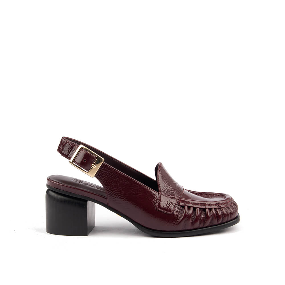 Dark cherry gloss patent slingback loafers with ruched moccasin toe and block heel women