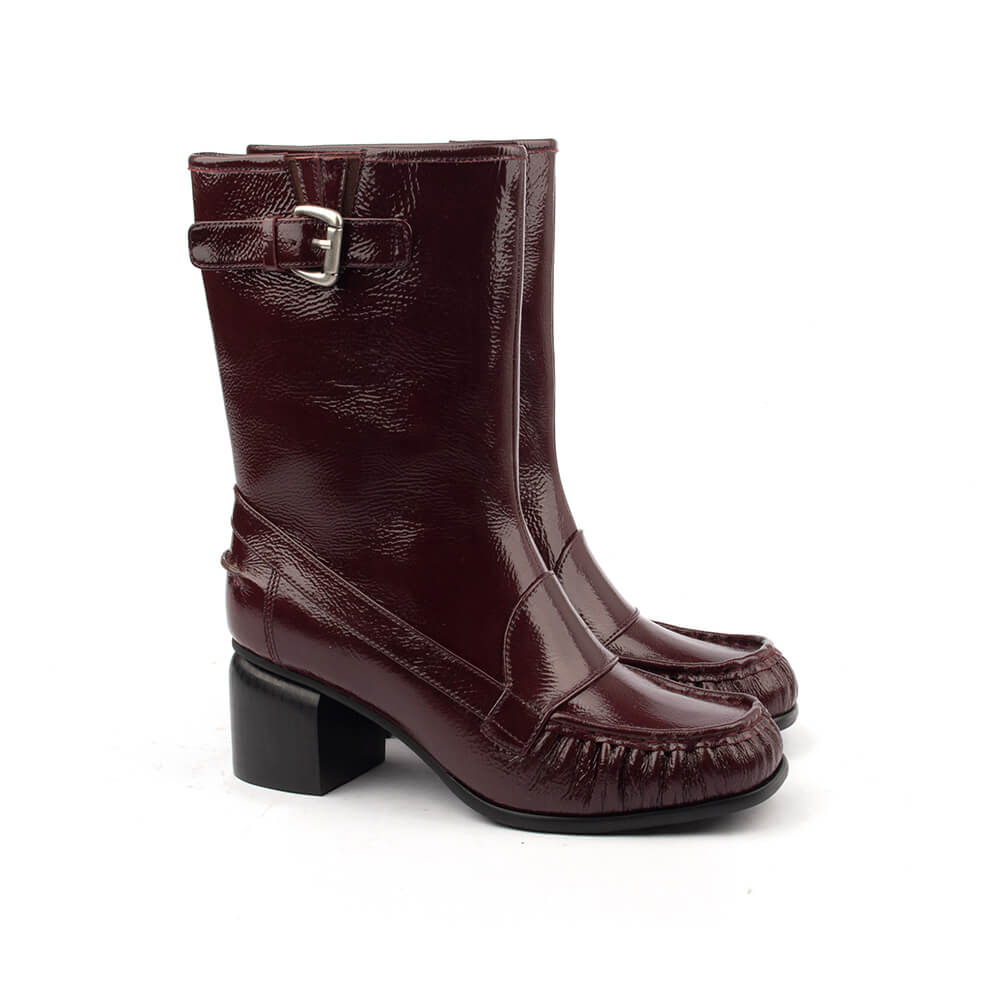 Dark cherry gloss patent mid-calf boots with ruched moccasin toe and block heel women