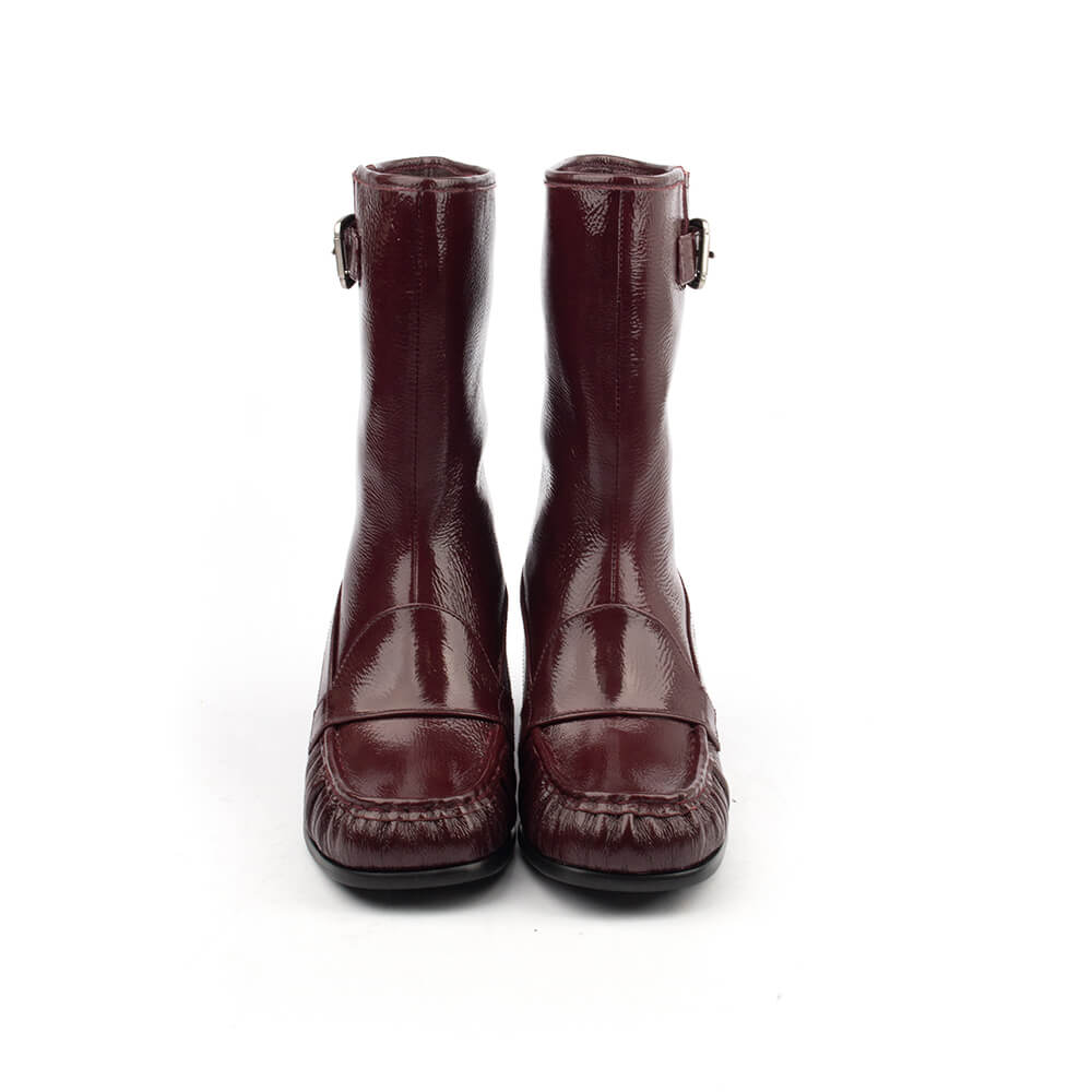 Women's oxblood patent leather boots with buckle strap ruched toe and stacked heel