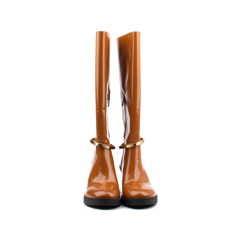 Amber gloss patent tall boots with gold hardware strap platform sole and chunky heel women