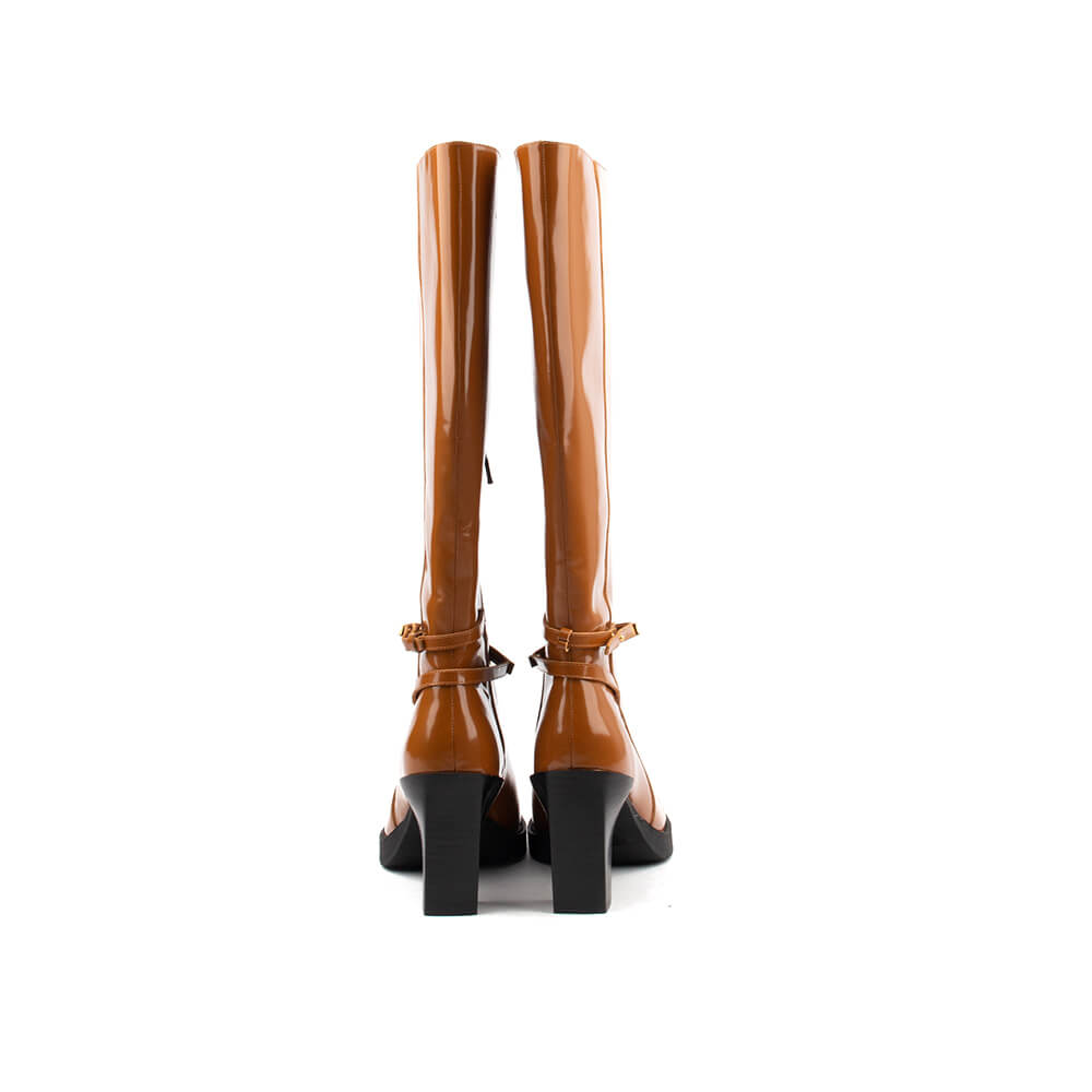 Cognac patent leather tall boots with slim gold strap ankle detail for women