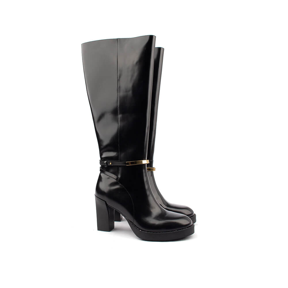 Onyx gloss patent tall boots with gold hardware strap platform sole and chunky heel women