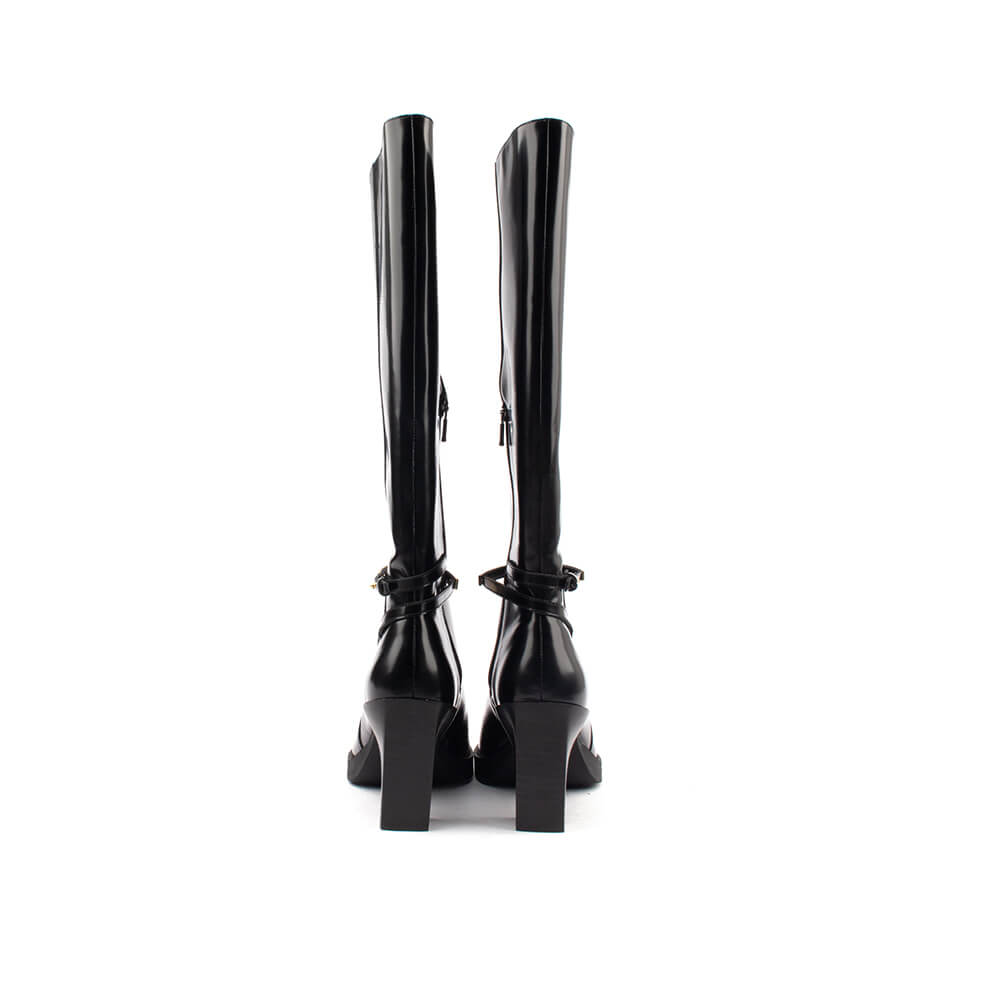 Women's noir lacquer knee-high boots with gold bar detail and block platform heel